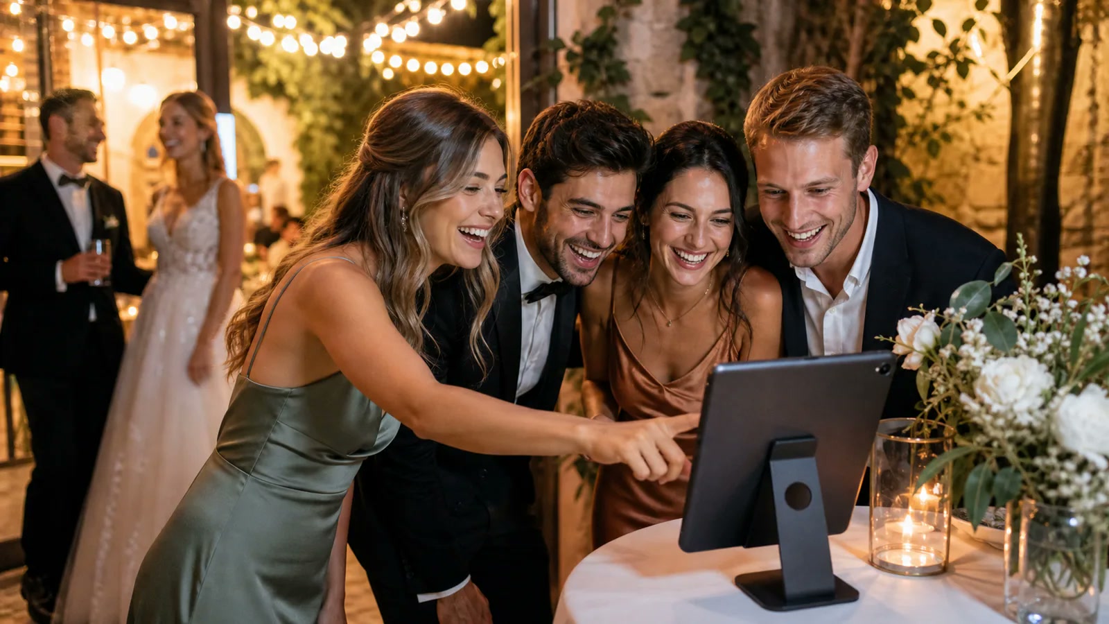 Gäste nutzen ein Tablet als Fotobox auf der Hochzeitsfeier