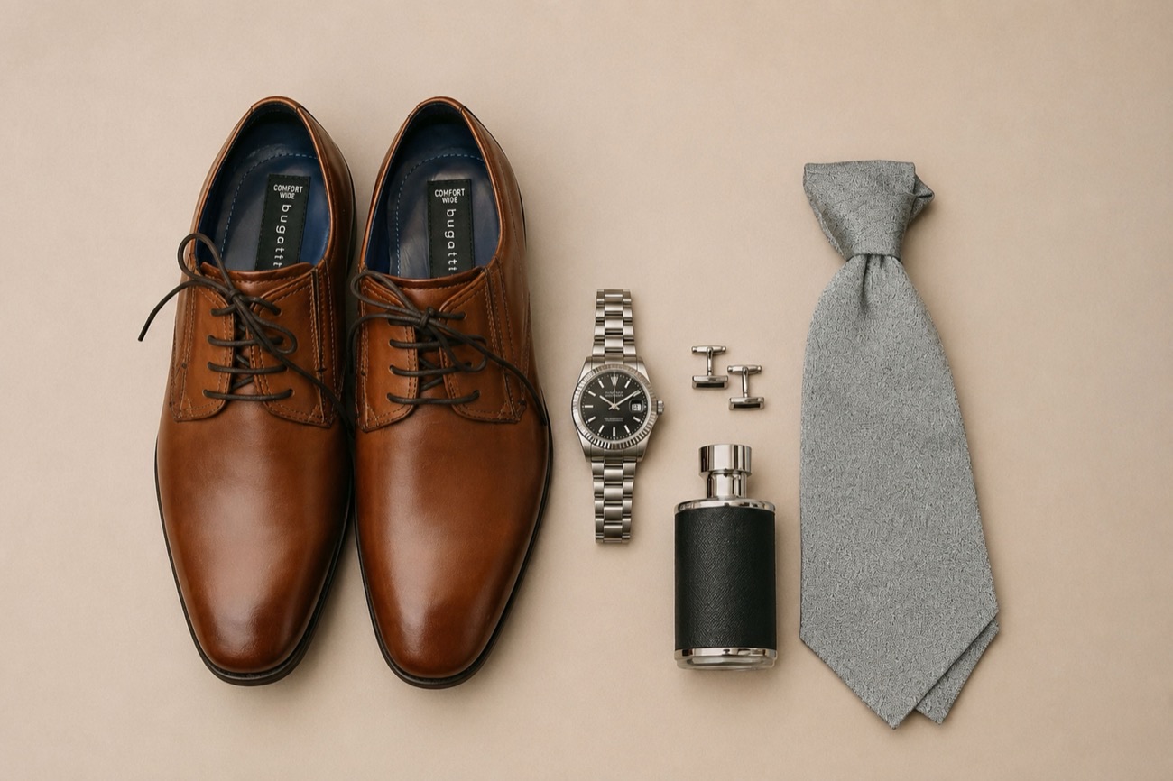 Accessoires des Bräutigams: Schuhe, Uhr und Krawatte als Flatlay